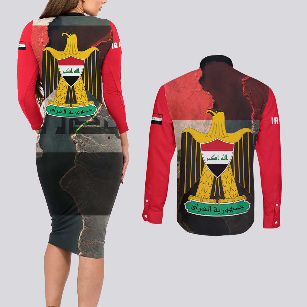 Iraq Flag Texture Couples Matching Long Sleeve Bodycon Dress and Long Sleeve Button Shirt with Golden Eagle Emblem and Cracked Earth Background Design - Wonder Print Shop