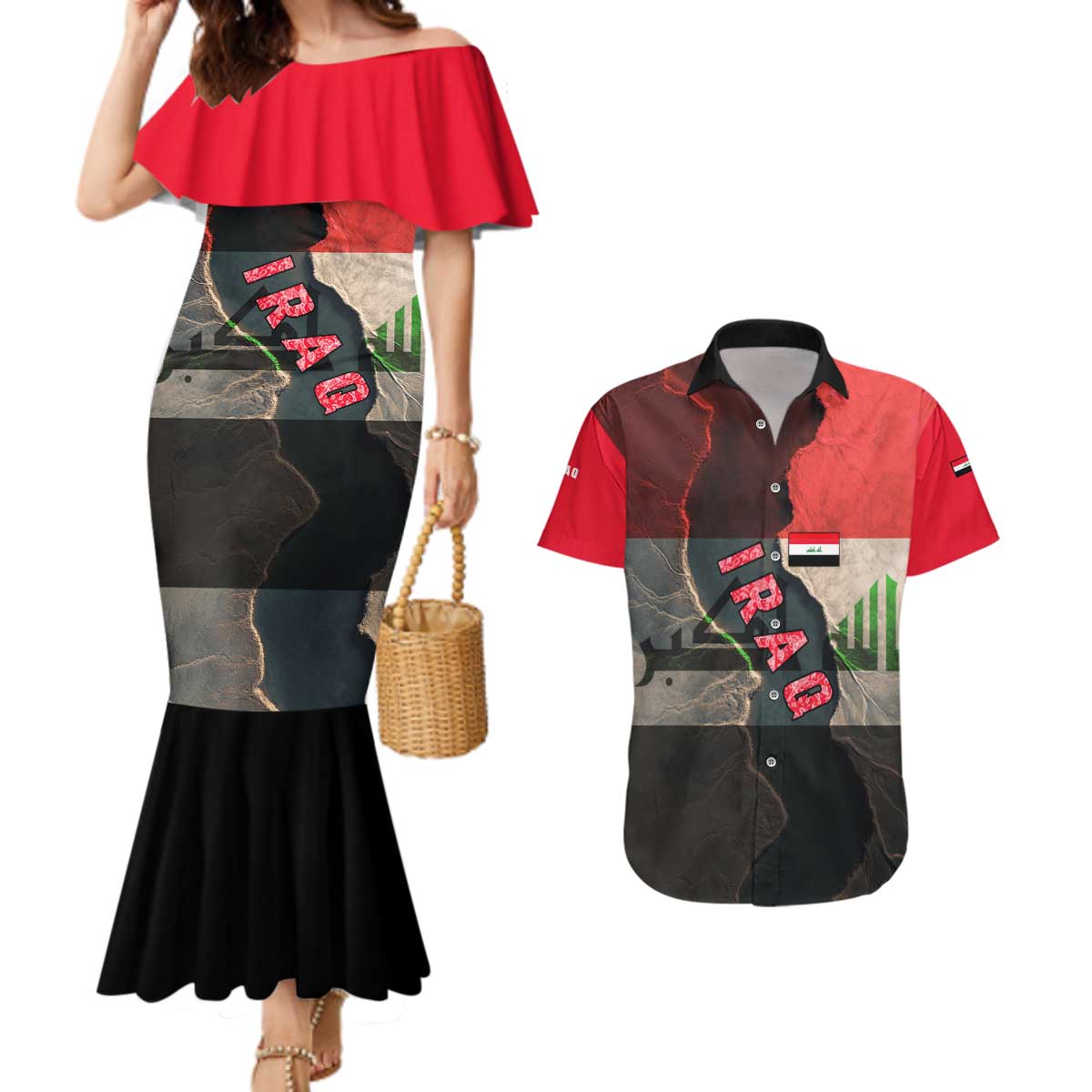 Iraq Flag Texture Couples Matching Mermaid Dress and Hawaiian Shirt with Golden Eagle Emblem and Cracked Earth Background Design - Wonder Print Shop