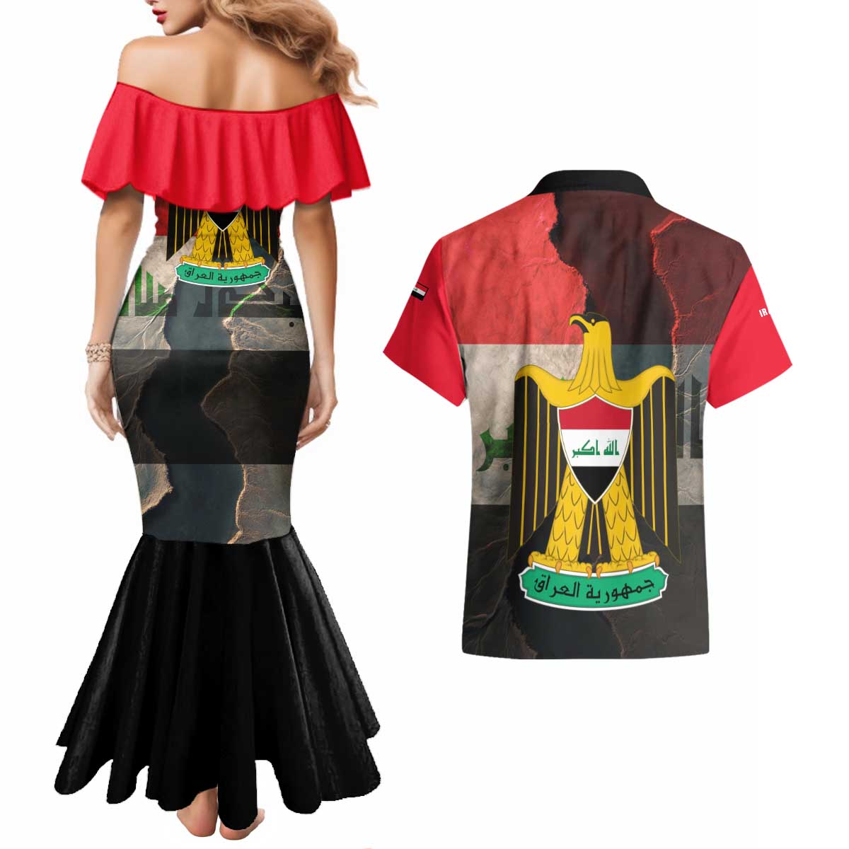 Iraq Flag Texture Couples Matching Mermaid Dress and Hawaiian Shirt with Golden Eagle Emblem and Cracked Earth Background Design - Wonder Print Shop