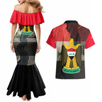 Iraq Flag Texture Couples Matching Mermaid Dress and Hawaiian Shirt with Golden Eagle Emblem and Cracked Earth Background Design - Wonder Print Shop