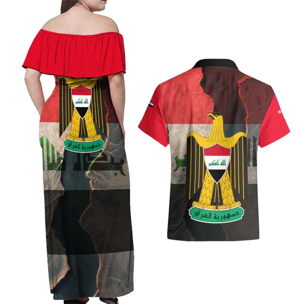 Iraq Flag Texture Couples Matching Off Shoulder Maxi Dress and Hawaiian Shirt with Golden Eagle Emblem and Cracked Earth Background Design - Wonder Print Shop