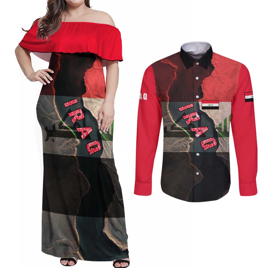 Iraq Flag Texture Couples Matching Off Shoulder Maxi Dress and Long Sleeve Button Shirt with Golden Eagle Emblem and Cracked Earth Background Design - Wonder Print Shop