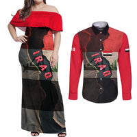 Iraq Flag Texture Couples Matching Off Shoulder Maxi Dress and Long Sleeve Button Shirt with Golden Eagle Emblem and Cracked Earth Background Design - Wonder Print Shop
