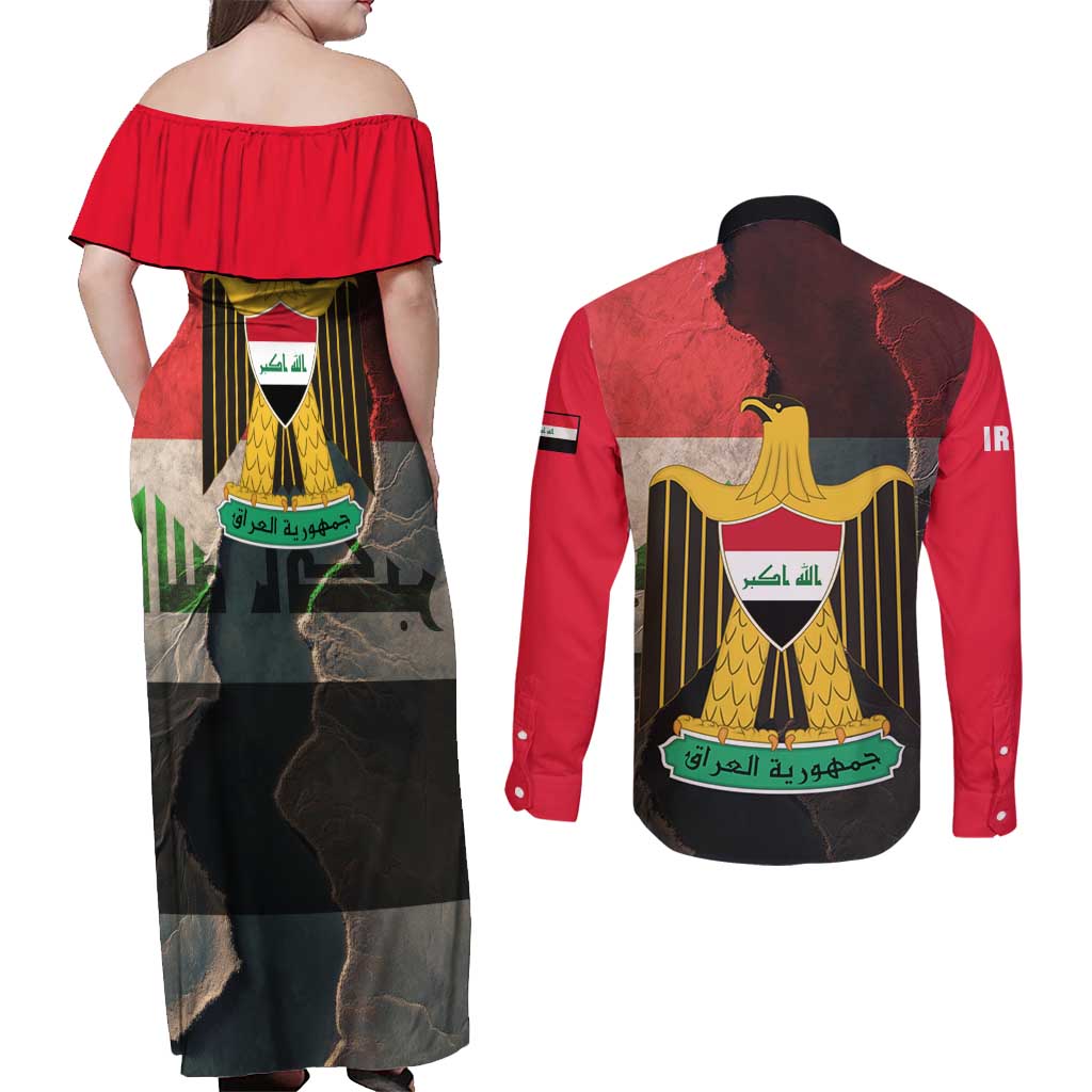 Iraq Flag Texture Couples Matching Off Shoulder Maxi Dress and Long Sleeve Button Shirt with Golden Eagle Emblem and Cracked Earth Background Design - Wonder Print Shop