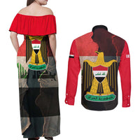 Iraq Flag Texture Couples Matching Off Shoulder Maxi Dress and Long Sleeve Button Shirt with Golden Eagle Emblem and Cracked Earth Background Design - Wonder Print Shop