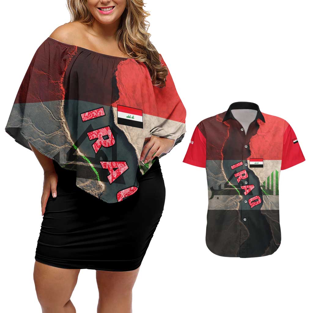 Iraq Flag Texture Couples Matching Off Shoulder Short Dress and Hawaiian Shirt with Golden Eagle Emblem and Cracked Earth Background Design - Wonder Print Shop