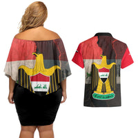 Iraq Flag Texture Couples Matching Off Shoulder Short Dress and Hawaiian Shirt with Golden Eagle Emblem and Cracked Earth Background Design - Wonder Print Shop
