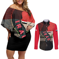 Iraq Flag Texture Couples Matching Off Shoulder Short Dress and Long Sleeve Button Shirt with Golden Eagle Emblem and Cracked Earth Background Design - Wonder Print Shop