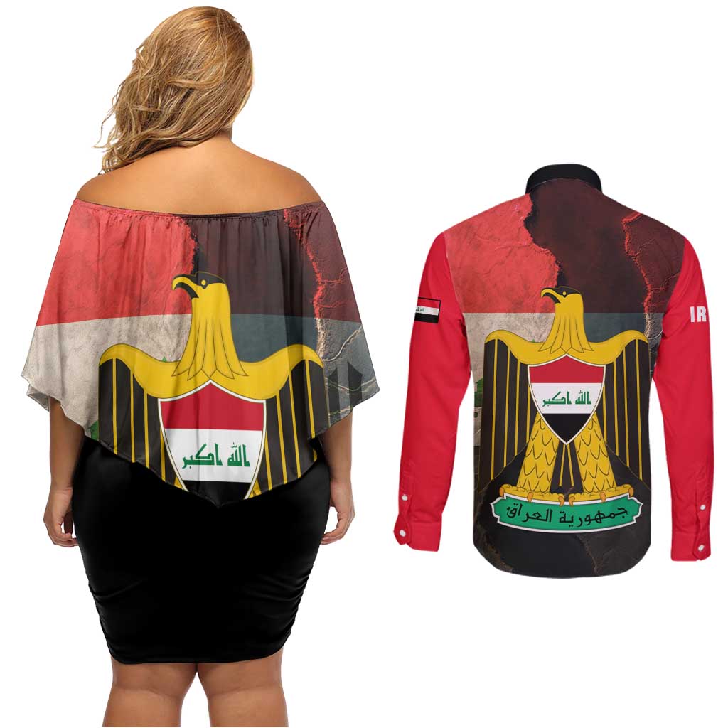 Iraq Flag Texture Couples Matching Off Shoulder Short Dress and Long Sleeve Button Shirt with Golden Eagle Emblem and Cracked Earth Background Design - Wonder Print Shop