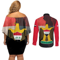 Iraq Flag Texture Couples Matching Off Shoulder Short Dress and Long Sleeve Button Shirt with Golden Eagle Emblem and Cracked Earth Background Design - Wonder Print Shop