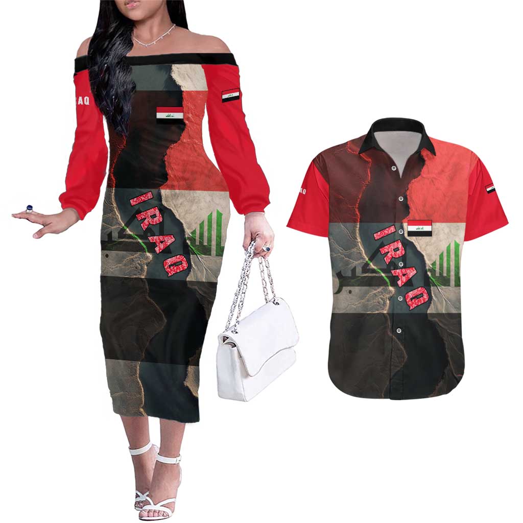 Iraq Flag Texture Couples Matching Off The Shoulder Long Sleeve Dress and Hawaiian Shirt with Golden Eagle Emblem and Cracked Earth Background Design - Wonder Print Shop