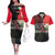 Iraq Flag Texture Couples Matching Off The Shoulder Long Sleeve Dress and Hawaiian Shirt with Golden Eagle Emblem and Cracked Earth Background Design - Wonder Print Shop