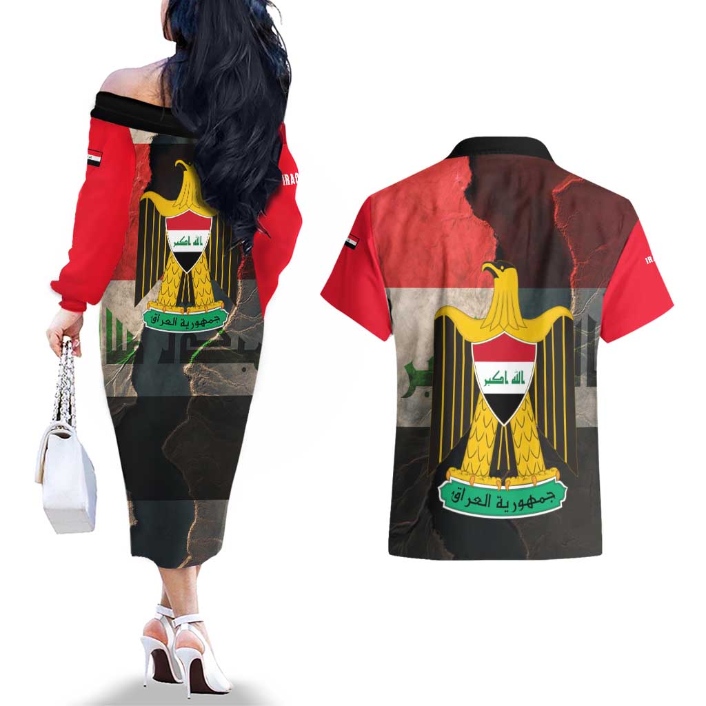 Iraq Flag Texture Couples Matching Off The Shoulder Long Sleeve Dress and Hawaiian Shirt with Golden Eagle Emblem and Cracked Earth Background Design - Wonder Print Shop