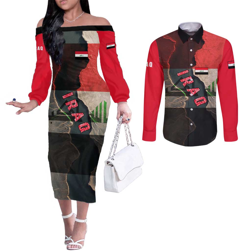Iraq Flag Texture Couples Matching Off The Shoulder Long Sleeve Dress and Long Sleeve Button Shirt with Golden Eagle Emblem and Cracked Earth Background Design - Wonder Print Shop