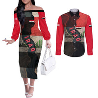 Iraq Flag Texture Couples Matching Off The Shoulder Long Sleeve Dress and Long Sleeve Button Shirt with Golden Eagle Emblem and Cracked Earth Background Design - Wonder Print Shop