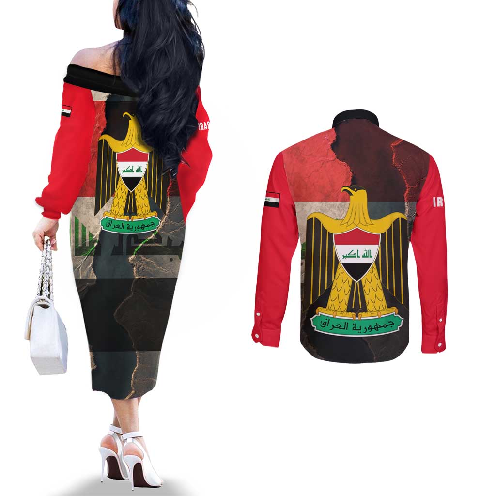 Iraq Flag Texture Couples Matching Off The Shoulder Long Sleeve Dress and Long Sleeve Button Shirt with Golden Eagle Emblem and Cracked Earth Background Design - Wonder Print Shop