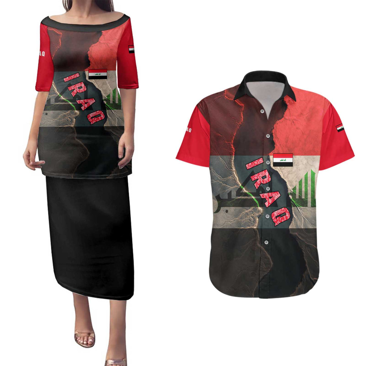 Iraq Flag Texture Couples Matching Puletasi and Hawaiian Shirt with Golden Eagle Emblem and Cracked Earth Background Design - Wonder Print Shop