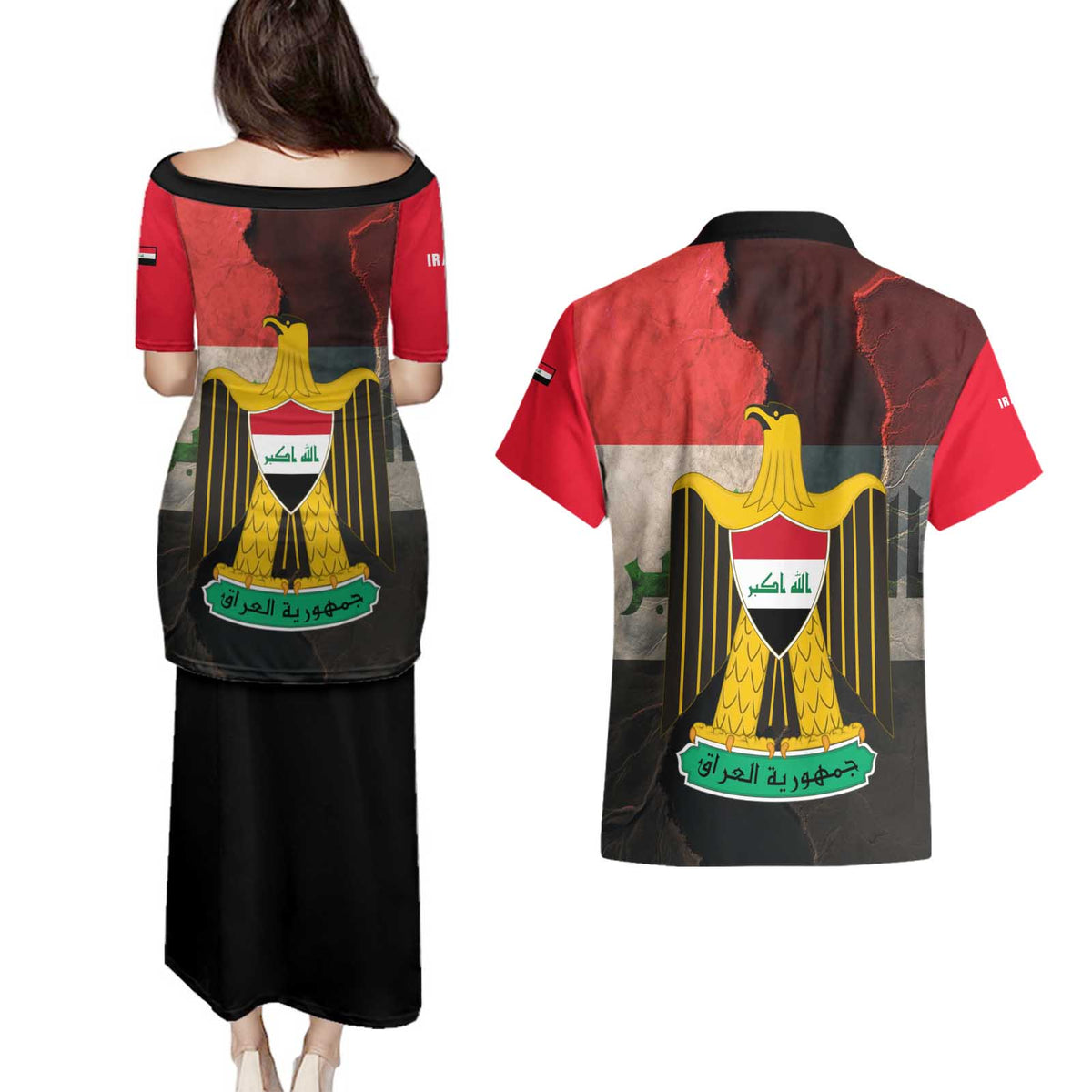 Iraq Flag Texture Couples Matching Puletasi and Hawaiian Shirt with Golden Eagle Emblem and Cracked Earth Background Design - Wonder Print Shop