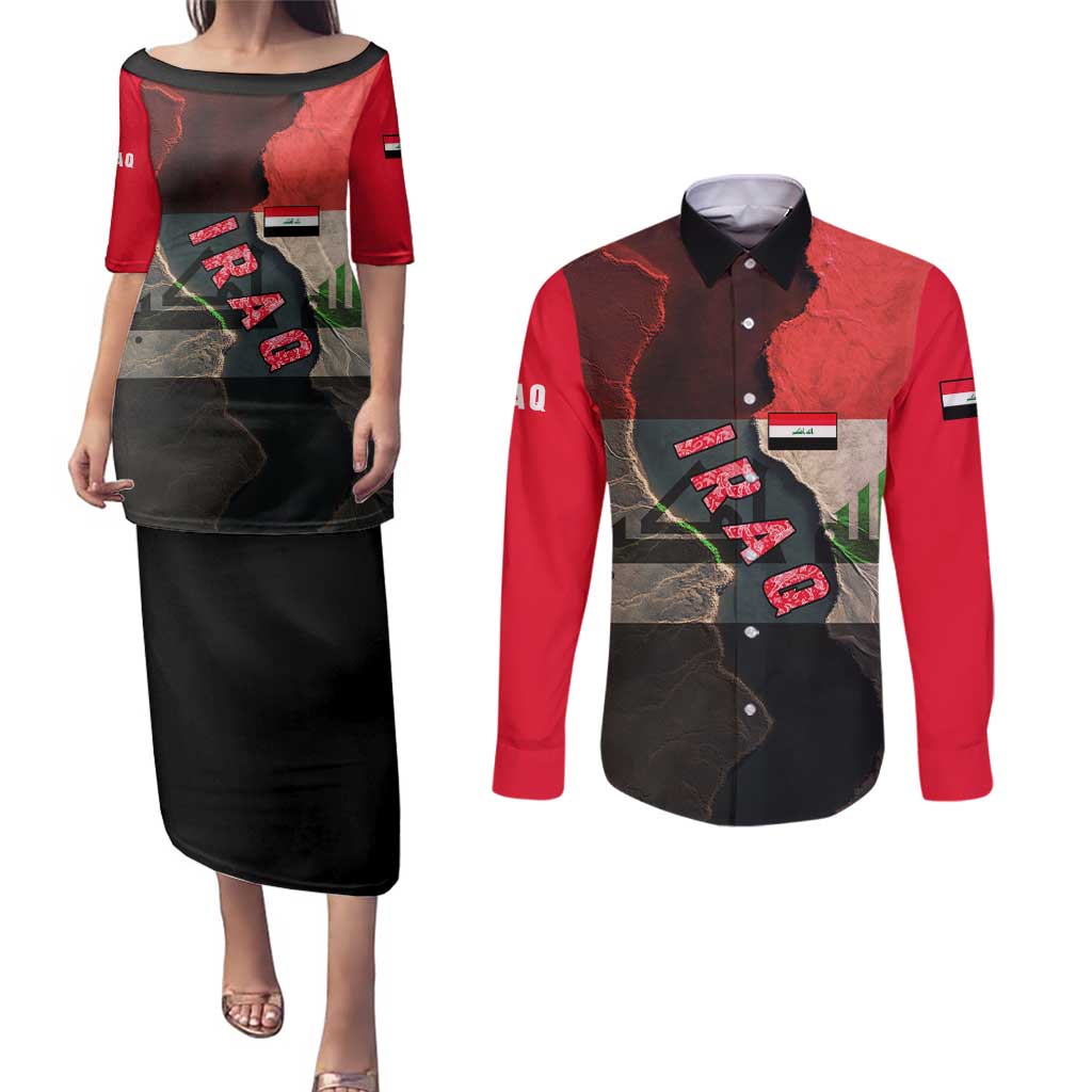 Iraq Flag Texture Couples Matching Puletasi and Long Sleeve Button Shirt with Golden Eagle Emblem and Cracked Earth Background Design - Wonder Print Shop