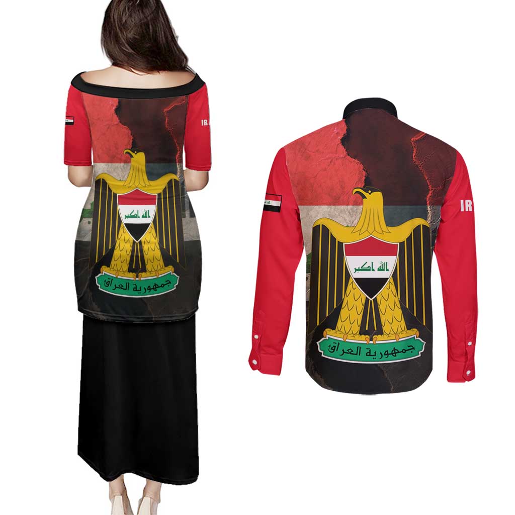 Iraq Flag Texture Couples Matching Puletasi and Long Sleeve Button Shirt with Golden Eagle Emblem and Cracked Earth Background Design - Wonder Print Shop