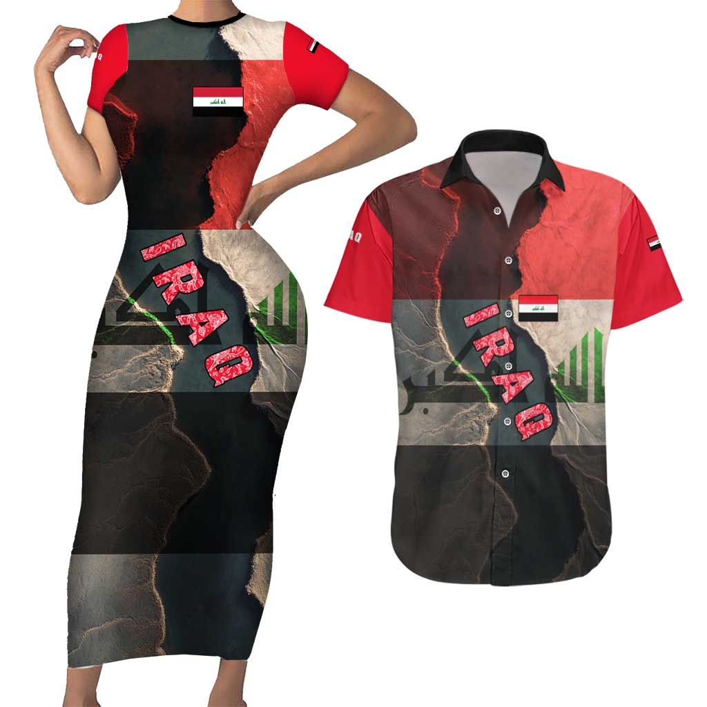 Iraq Flag Texture Couples Matching Short Sleeve Bodycon Dress and Hawaiian Shirt with Golden Eagle Emblem and Cracked Earth Background Design - Wonder Print Shop