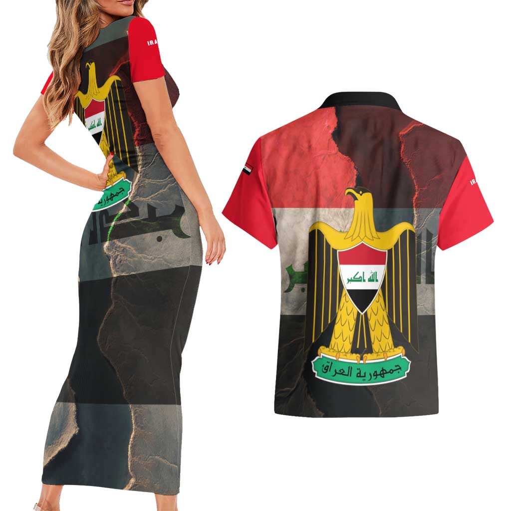 Iraq Flag Texture Couples Matching Short Sleeve Bodycon Dress and Hawaiian Shirt with Golden Eagle Emblem and Cracked Earth Background Design - Wonder Print Shop