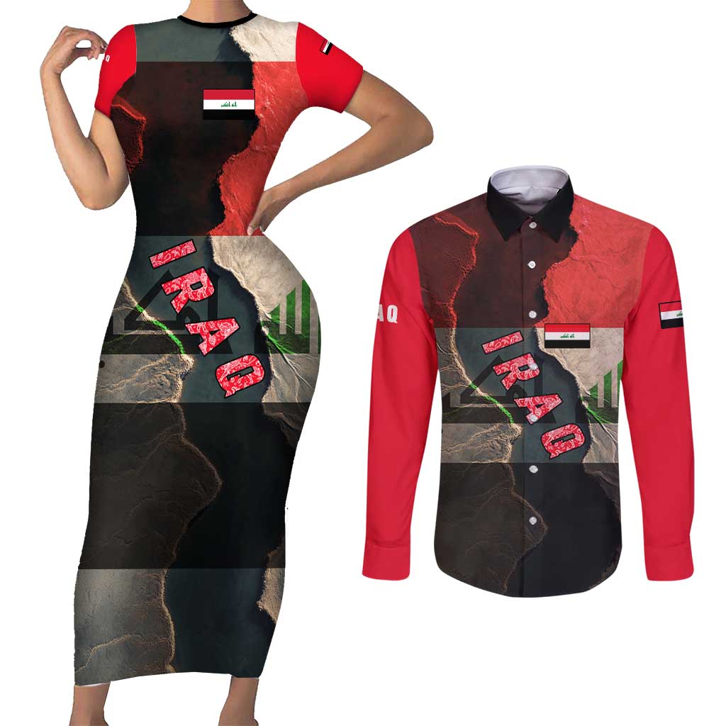 Iraq Flag Texture Couples Matching Short Sleeve Bodycon Dress and Long Sleeve Button Shirt with Golden Eagle Emblem and Cracked Earth Background Design - Wonder Print Shop