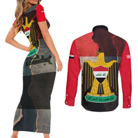 Iraq Flag Texture Couples Matching Short Sleeve Bodycon Dress and Long Sleeve Button Shirt with Golden Eagle Emblem and Cracked Earth Background Design - Wonder Print Shop