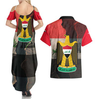 Iraq Flag Texture Couples Matching Summer Maxi Dress and Hawaiian Shirt with Golden Eagle Emblem and Cracked Earth Background Design - Wonder Print Shop