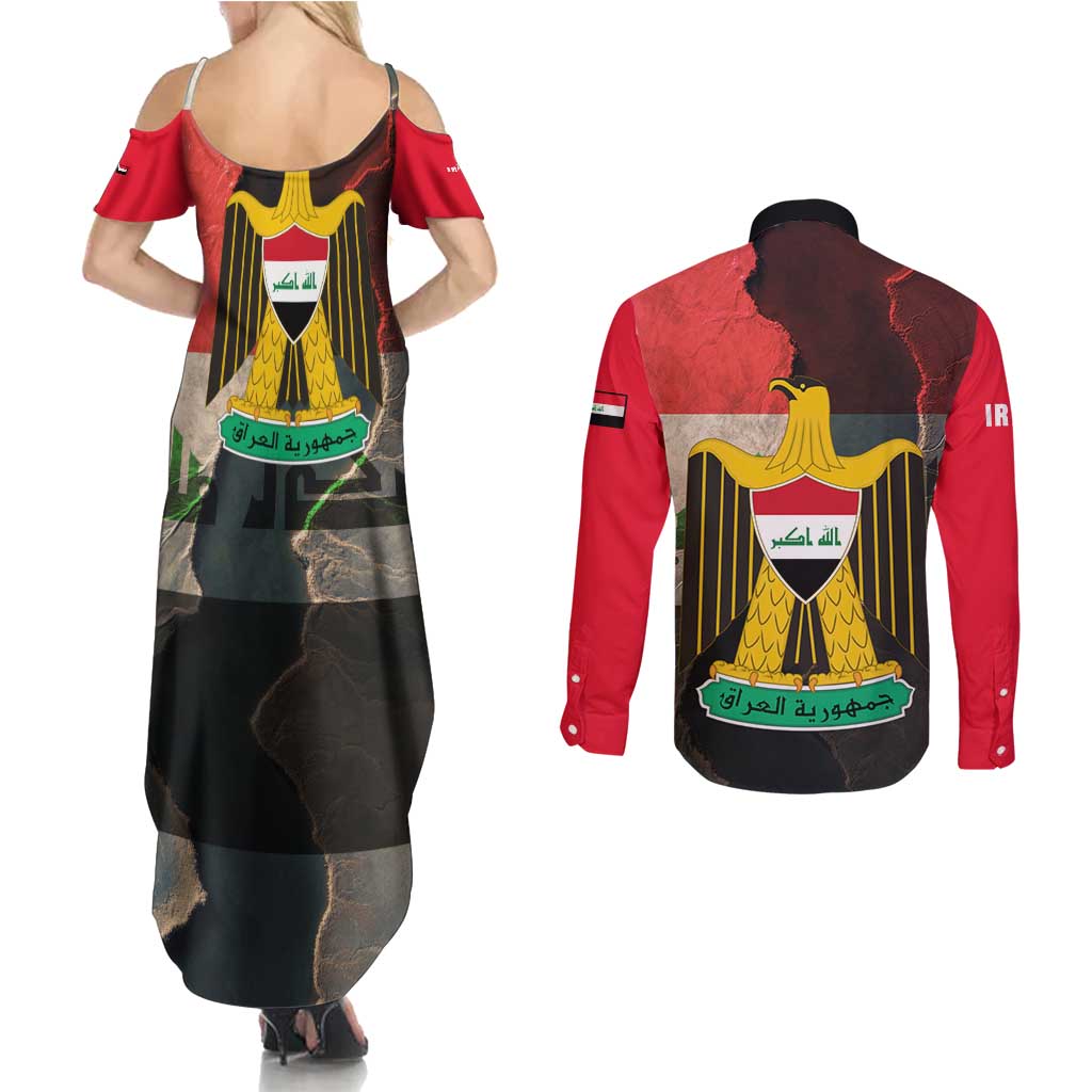 Iraq Flag Texture Couples Matching Summer Maxi Dress and Long Sleeve Button Shirt with Golden Eagle Emblem and Cracked Earth Background Design - Wonder Print Shop