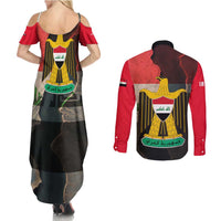Iraq Flag Texture Couples Matching Summer Maxi Dress and Long Sleeve Button Shirt with Golden Eagle Emblem and Cracked Earth Background Design - Wonder Print Shop