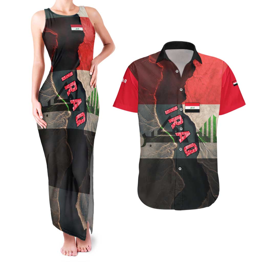 Iraq Flag Texture Couples Matching Tank Maxi Dress and Hawaiian Shirt with Golden Eagle Emblem and Cracked Earth Background Design - Wonder Print Shop