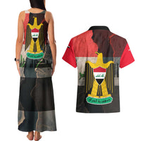Iraq Flag Texture Couples Matching Tank Maxi Dress and Hawaiian Shirt with Golden Eagle Emblem and Cracked Earth Background Design - Wonder Print Shop
