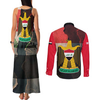 Iraq Flag Texture Couples Matching Tank Maxi Dress and Long Sleeve Button Shirt with Golden Eagle Emblem and Cracked Earth Background Design - Wonder Print Shop