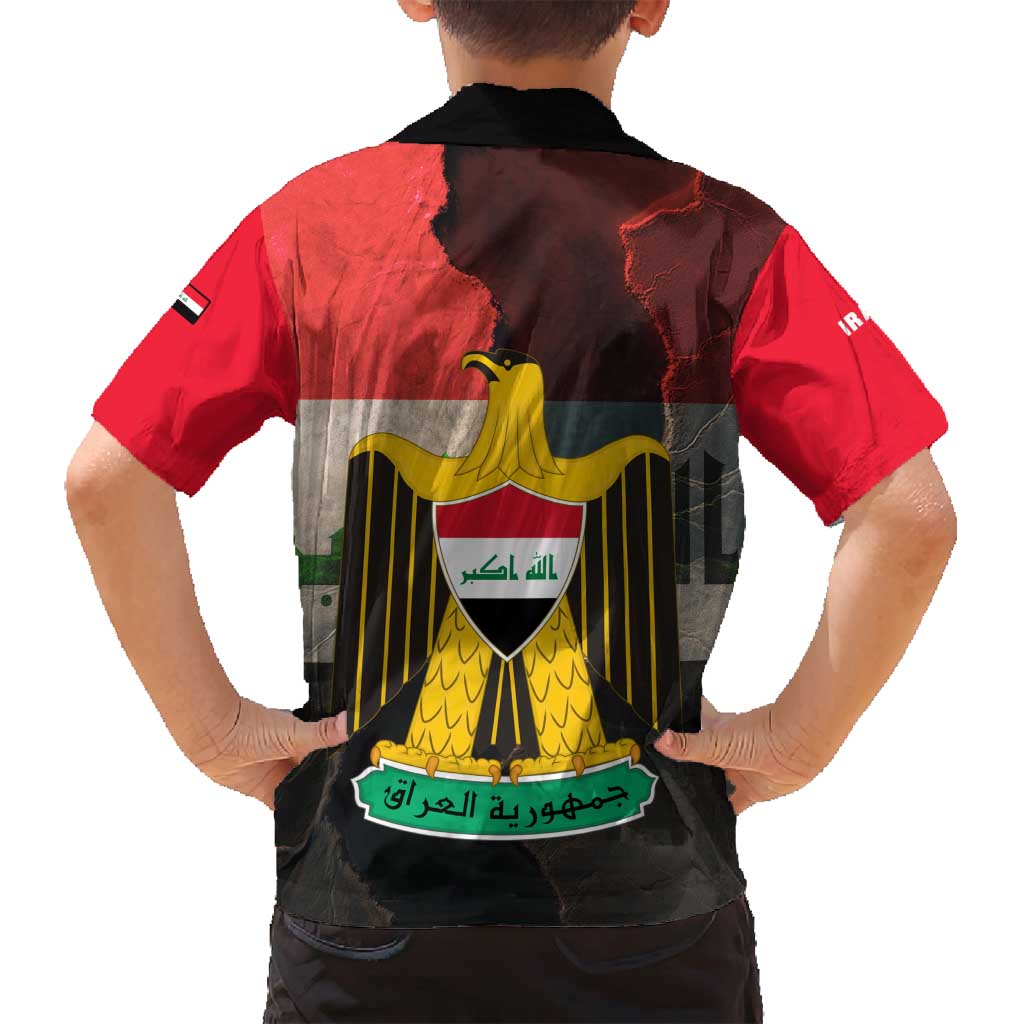 Iraq Flag Texture Family Matching Long Sleeve Bodycon Dress and Hawaiian Shirt with Golden Eagle Emblem and Cracked Earth Background Design - Wonder Print Shop