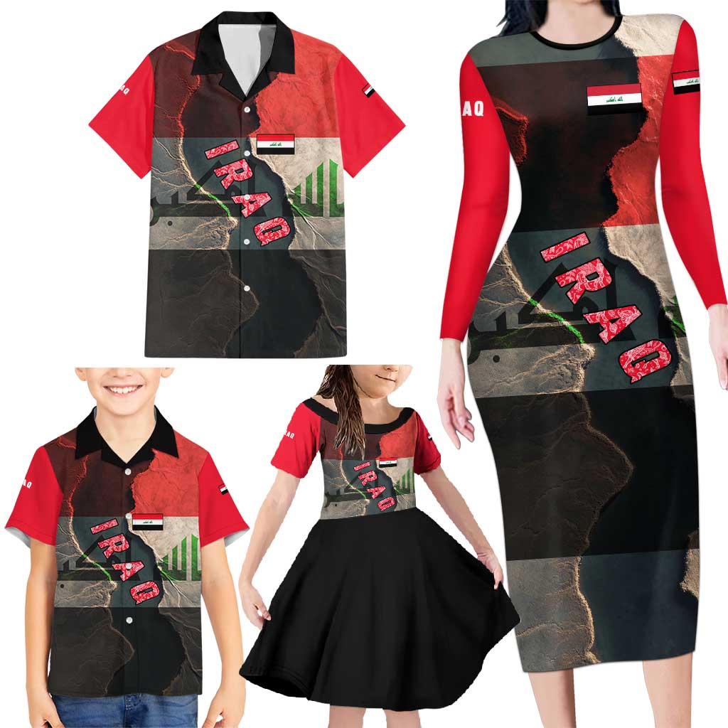 Iraq Flag Texture Family Matching Long Sleeve Bodycon Dress and Hawaiian Shirt with Golden Eagle Emblem and Cracked Earth Background Design - Wonder Print Shop