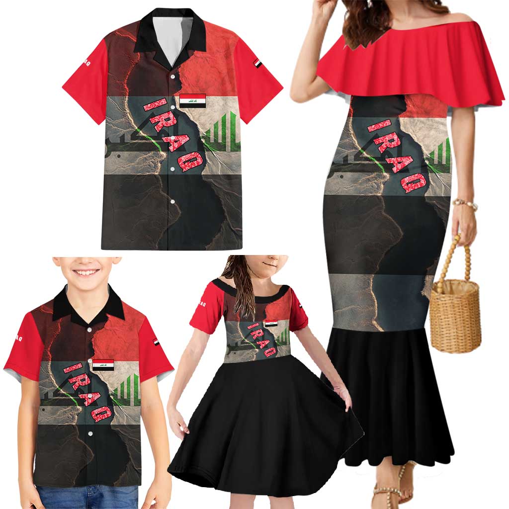 Iraq Flag Texture Family Matching Mermaid Dress and Hawaiian Shirt with Golden Eagle Emblem and Cracked Earth Background Design - Wonder Print Shop