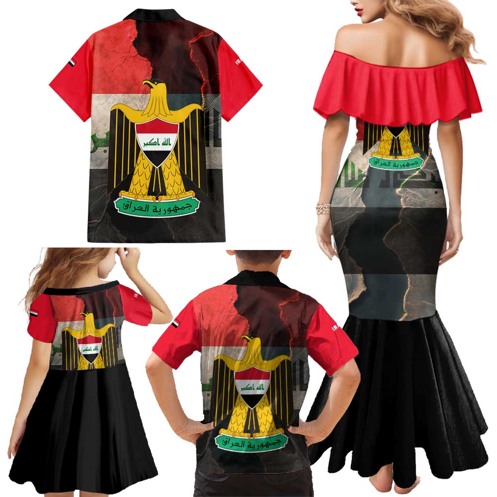 Iraq Flag Texture Family Matching Mermaid Dress and Hawaiian Shirt with Golden Eagle Emblem and Cracked Earth Background Design - Wonder Print Shop