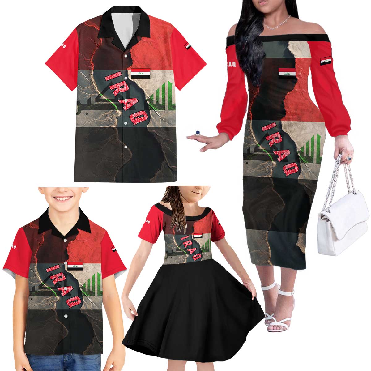 Iraq Flag Texture Family Matching Off The Shoulder Long Sleeve Dress and Hawaiian Shirt with Golden Eagle Emblem and Cracked Earth Background Design - Wonder Print Shop