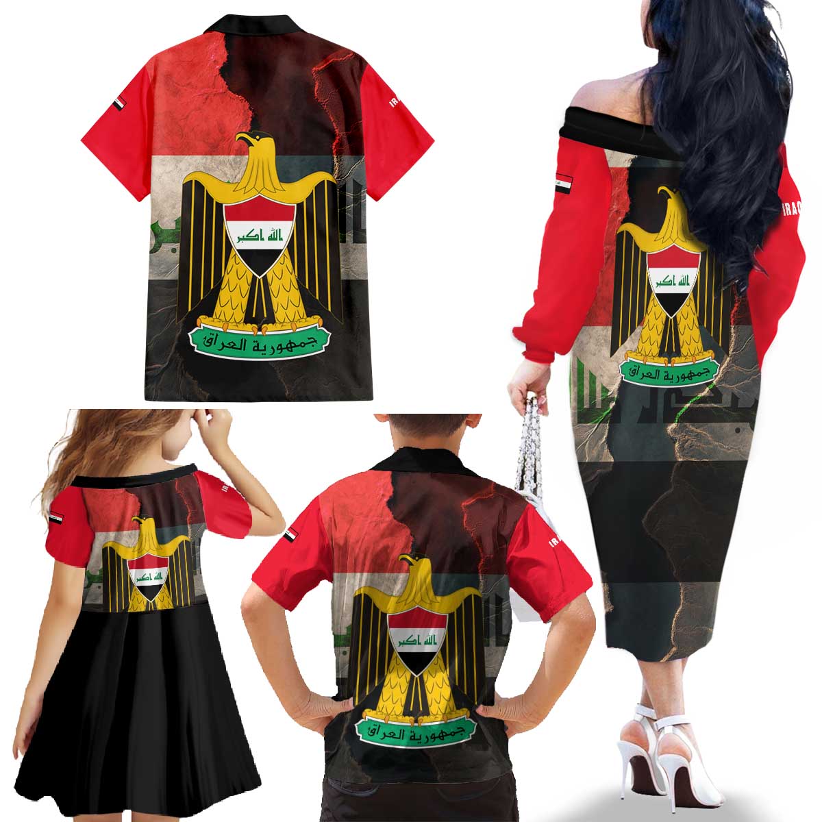 Iraq Flag Texture Family Matching Off The Shoulder Long Sleeve Dress and Hawaiian Shirt with Golden Eagle Emblem and Cracked Earth Background Design - Wonder Print Shop