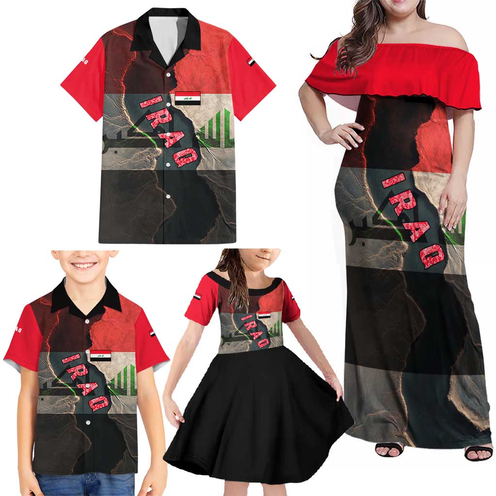 Iraq Flag Texture Family Matching Off Shoulder Maxi Dress and Hawaiian Shirt with Golden Eagle Emblem and Cracked Earth Background Design - Wonder Print Shop