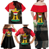 Iraq Flag Texture Family Matching Off Shoulder Maxi Dress and Hawaiian Shirt with Golden Eagle Emblem and Cracked Earth Background Design - Wonder Print Shop
