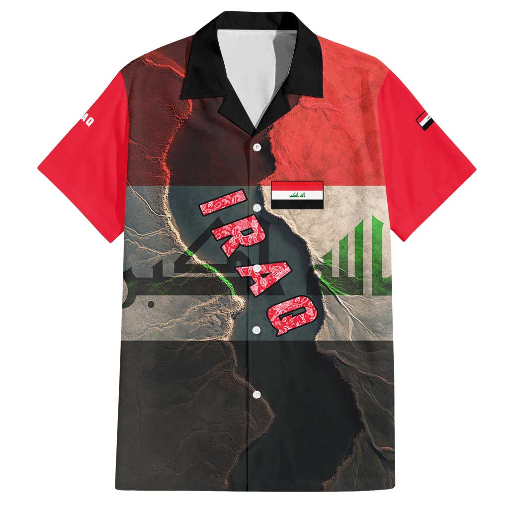 Iraq Flag Texture Family Matching Off Shoulder Maxi Dress and Hawaiian Shirt with Golden Eagle Emblem and Cracked Earth Background Design - Wonder Print Shop