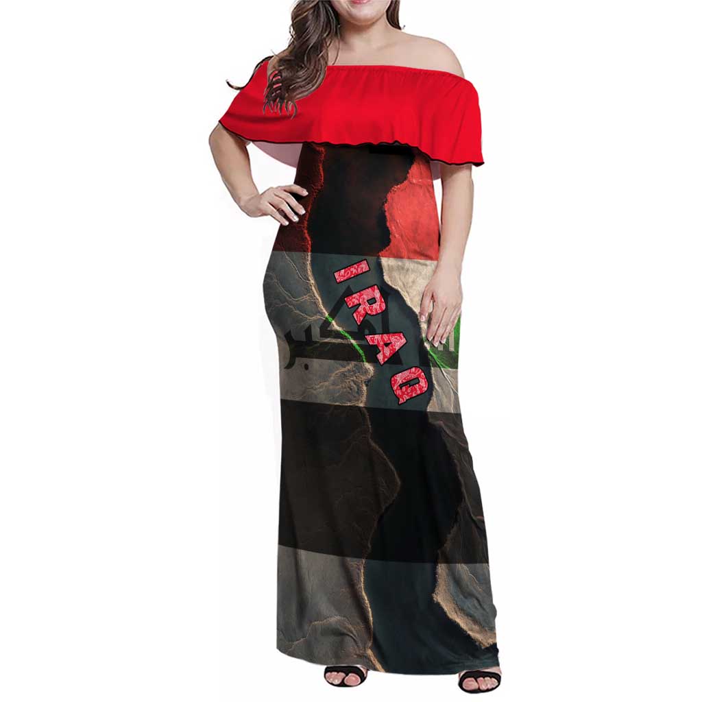 Iraq Flag Texture Family Matching Off Shoulder Maxi Dress and Hawaiian Shirt with Golden Eagle Emblem and Cracked Earth Background Design - Wonder Print Shop