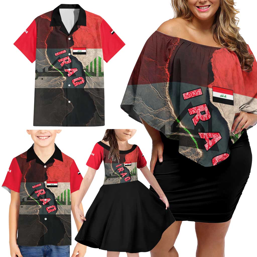 Iraq Flag Texture Family Matching Off Shoulder Short Dress and Hawaiian Shirt with Golden Eagle Emblem and Cracked Earth Background Design - Wonder Print Shop