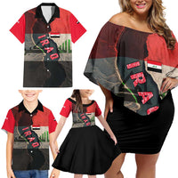 Iraq Flag Texture Family Matching Off Shoulder Short Dress and Hawaiian Shirt with Golden Eagle Emblem and Cracked Earth Background Design - Wonder Print Shop