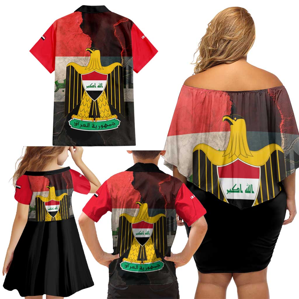 Iraq Flag Texture Family Matching Off Shoulder Short Dress and Hawaiian Shirt with Golden Eagle Emblem and Cracked Earth Background Design - Wonder Print Shop