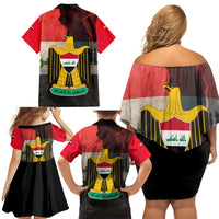 Iraq Flag Texture Family Matching Off Shoulder Short Dress and Hawaiian Shirt with Golden Eagle Emblem and Cracked Earth Background Design - Wonder Print Shop