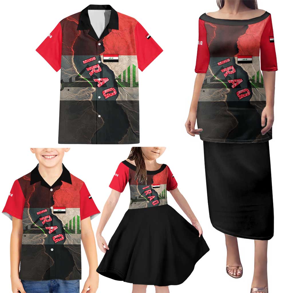 Iraq Flag Texture Family Matching Puletasi and Hawaiian Shirt with Golden Eagle Emblem and Cracked Earth Background Design - Wonder Print Shop