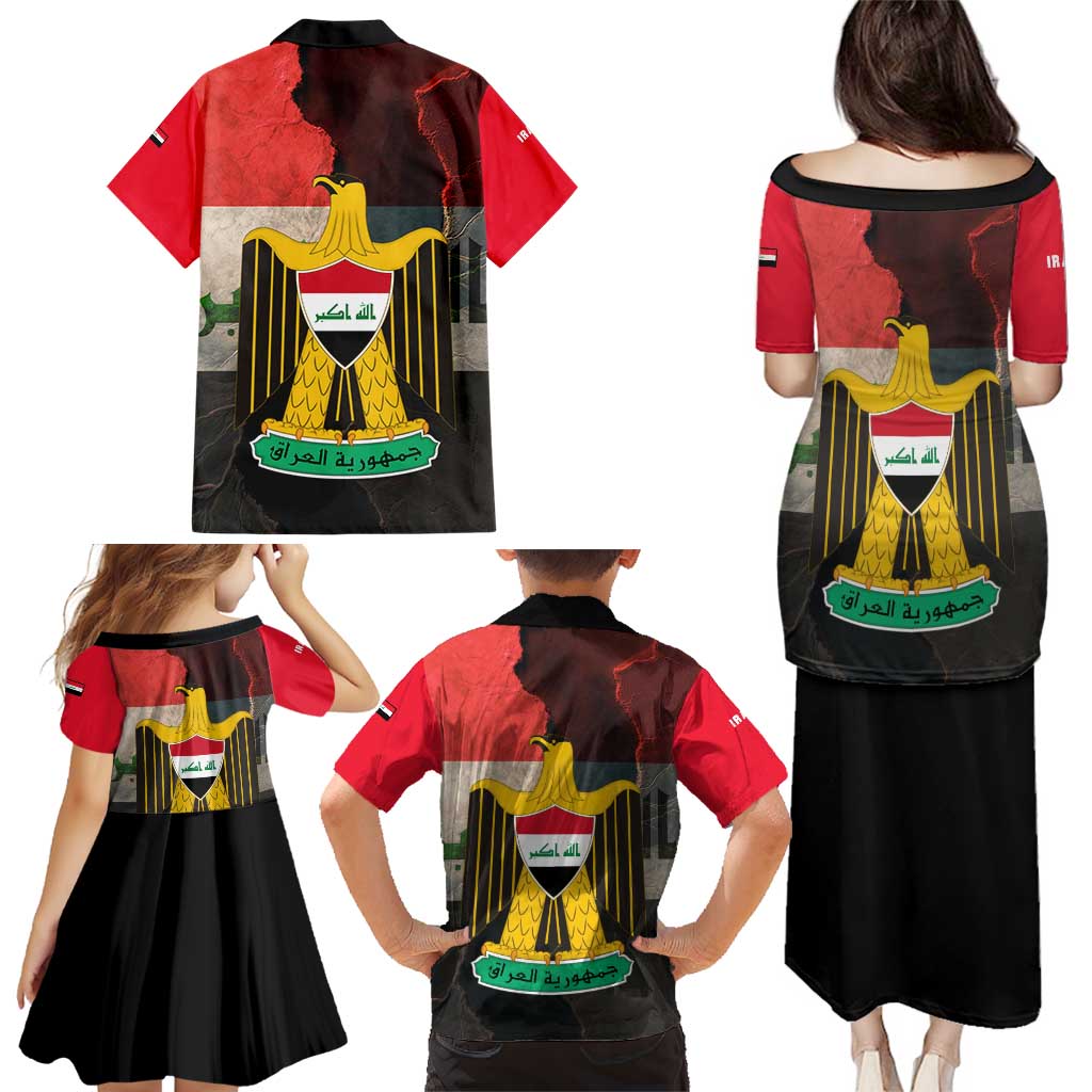 Iraq Flag Texture Family Matching Puletasi and Hawaiian Shirt with Golden Eagle Emblem and Cracked Earth Background Design - Wonder Print Shop
